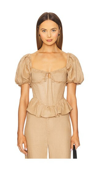 Bardot Esra Puff Sleeve Corset Top in Brown. - size 12 | Revolve Clothing (Global)