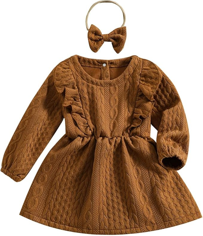 Baby Girl Knit Dress Long Sleeves Sweater Dress Toddler Fall Winter Outfits with Bowtie | Amazon (US)