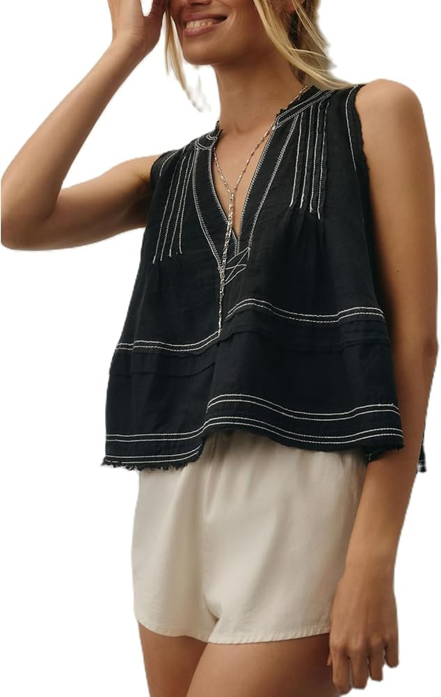 Women Y2k Embroidered Floral Swing Crop Tank Top Summer V Neck Linen Going Out Cropped Vest Beach... | Amazon (US)