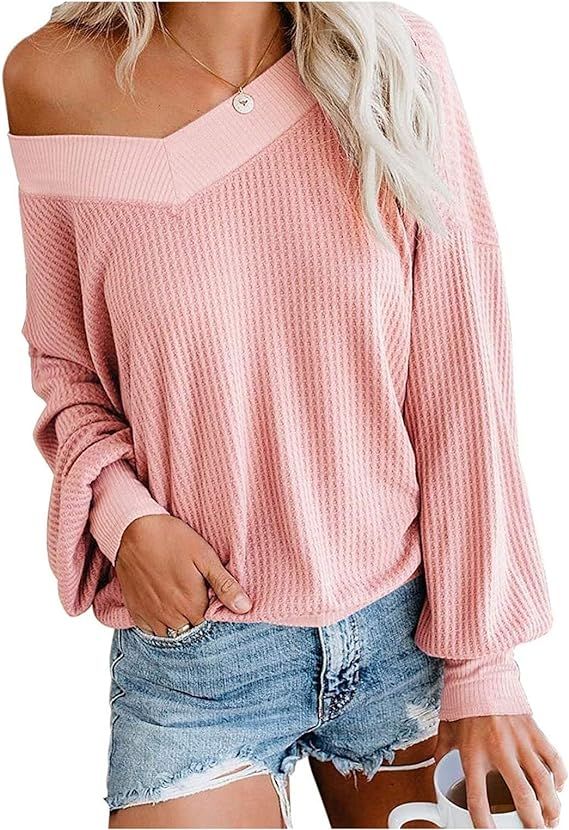 LETSRUNWILD Women's Pullover Sweaters Off Shoulder Batwing Sleeve Loose V Neck Oversized Knit Top... | Amazon (US)