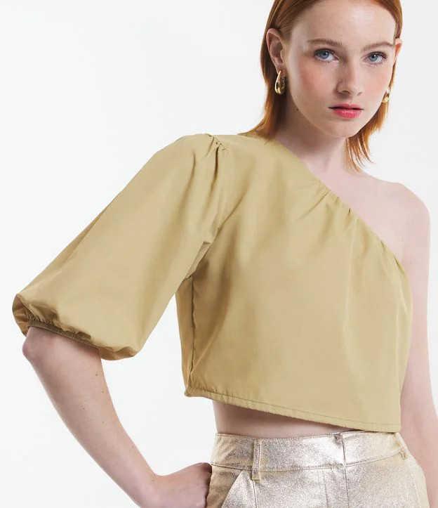 Blusa Cropped Alfaiatada com Ombro Único e Manga Bufante Amarelo | Renner (BR)