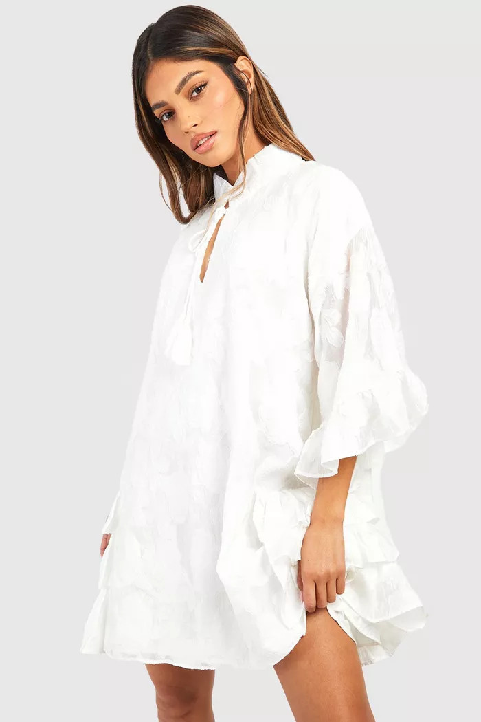 Textured Woven Ruffle Smock Dress | Boohoo.com (UK & IE)