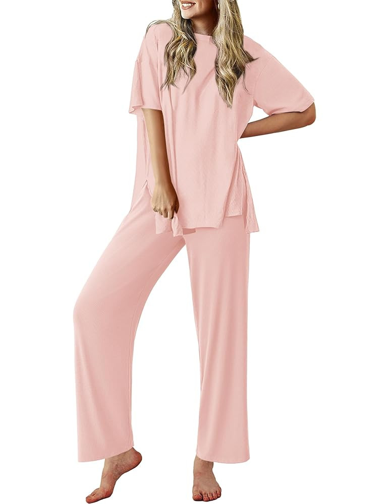 Ekouaer Pajamas for Women Ribbed Knit Lounge Set Soft Pjs Short Sleeve Loungewear 2 Piece Outfits... | Amazon (US)
