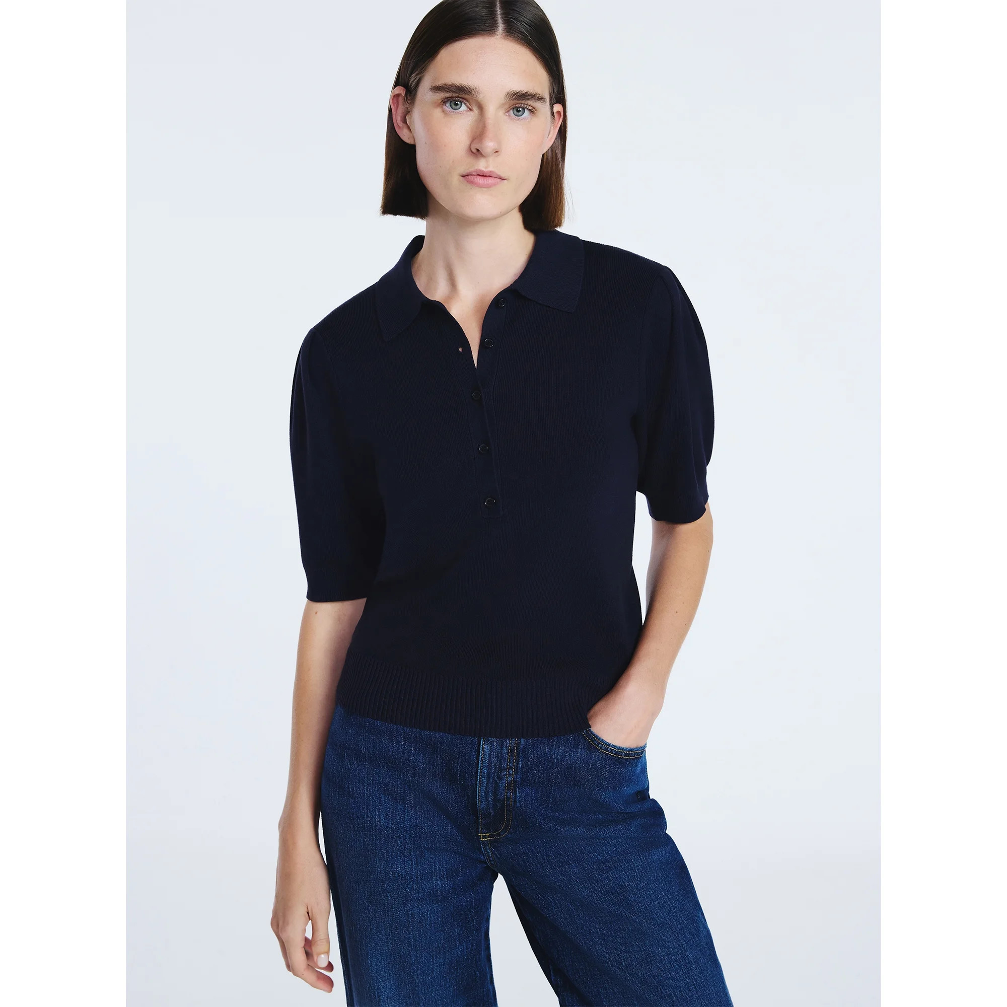 Free Assembly Women's and Women's Plus Collared Sweater Tee with Puff Sleeves, Lightweight, Sizes... | Walmart (US)