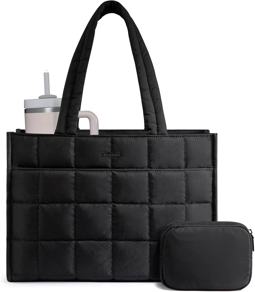 LOVEVOOK Tote Bag for Women, Puffer Work Handbag 15.6 Inch Laptop Purse for Nurse Teacher, Large Quilted Travel Tote Shoulder Bag with Zipper for College Office Clinical Gym, Black | Amazon (US)