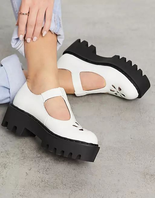 Lamoda chunky t-bar shoes in white patent | ASOS (Global)