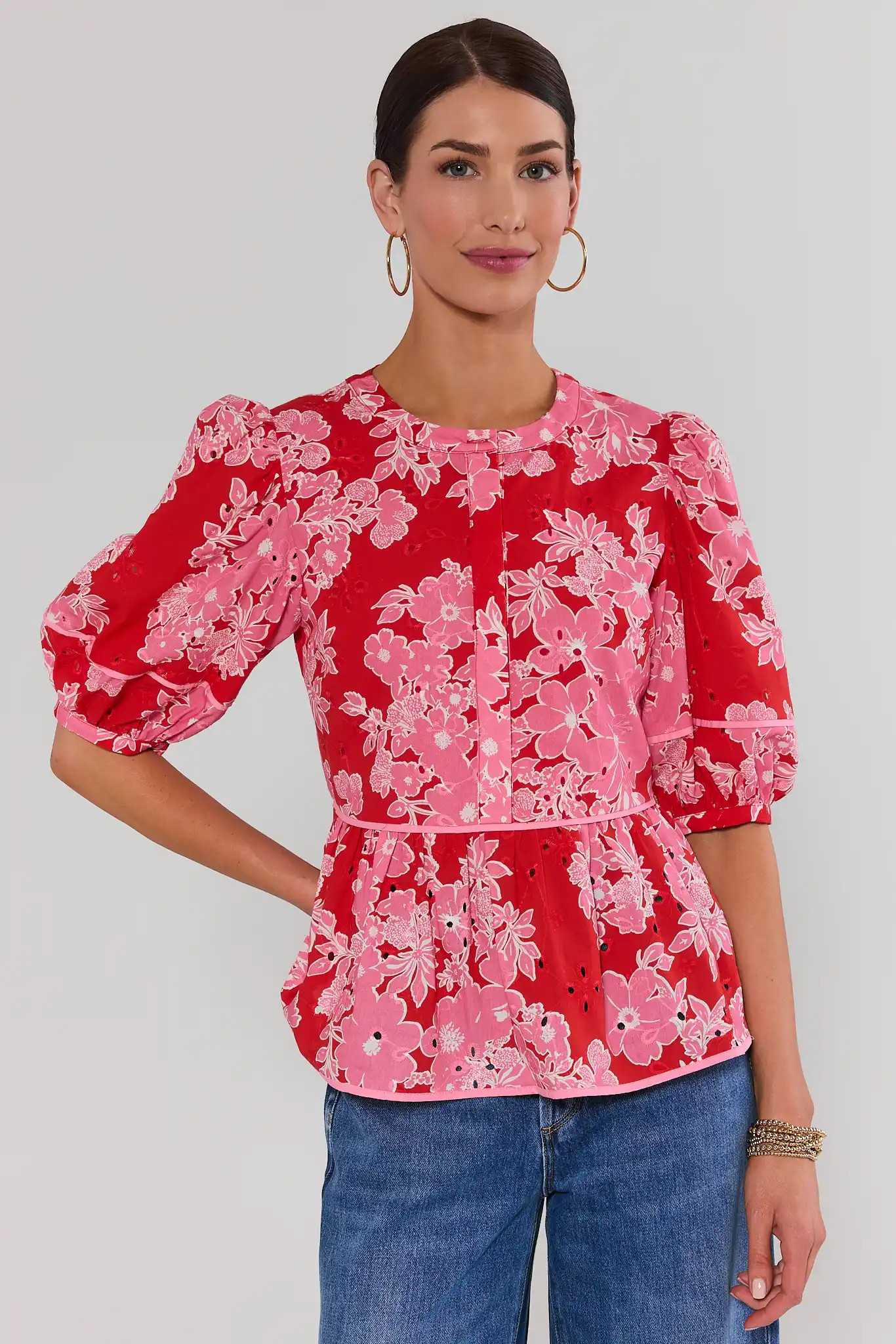 Abigail Red Floral Eyelet Peplum Top | Avara