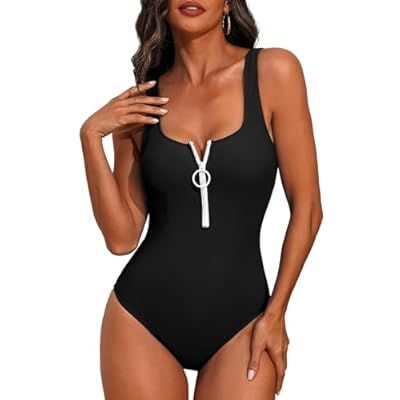 SOCIALA Womens One Piece Swimsuits Zipper Front Swim Suit Ribbed 1 Piece Bathing… | Amazon (US)