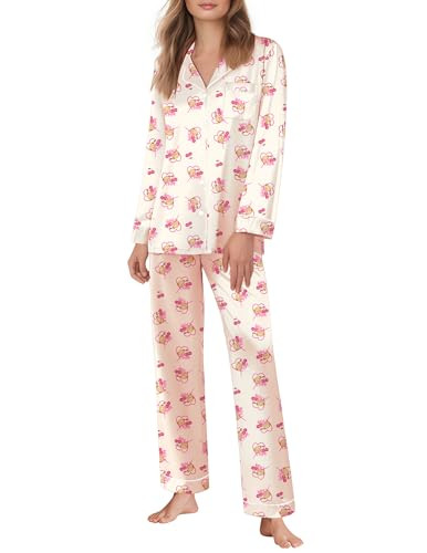Ekouaer Silk Satin Pajamas for Women Teddy Bear Pjs Set Button Down Long Sleeve Loungewear Cute S... | Amazon (US)