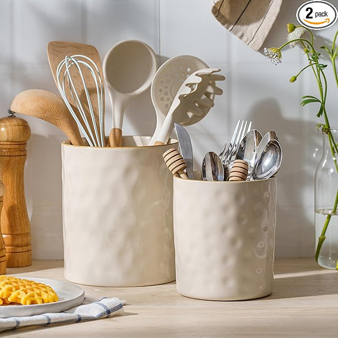 famiware Ocean Utensil Holder, 7.2"+5.8" Ceramic Kitchen Utensil Holder for Countertop, Cooking U... | Amazon (US)