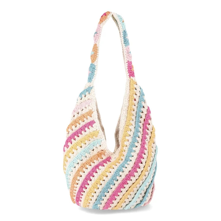No Boundaries Festival Crochet Hobo Bag, Natural Stripe, Women's | Walmart (US)