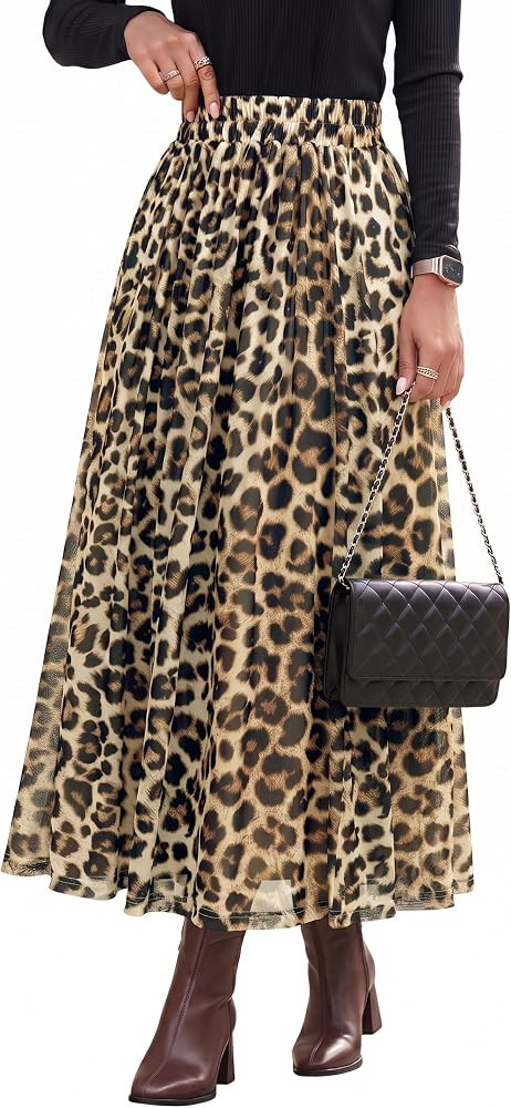 Dokotoo Fall Skirts for Women Elastic High Waist A-line Flowy Long Skirt | Amazon (US)