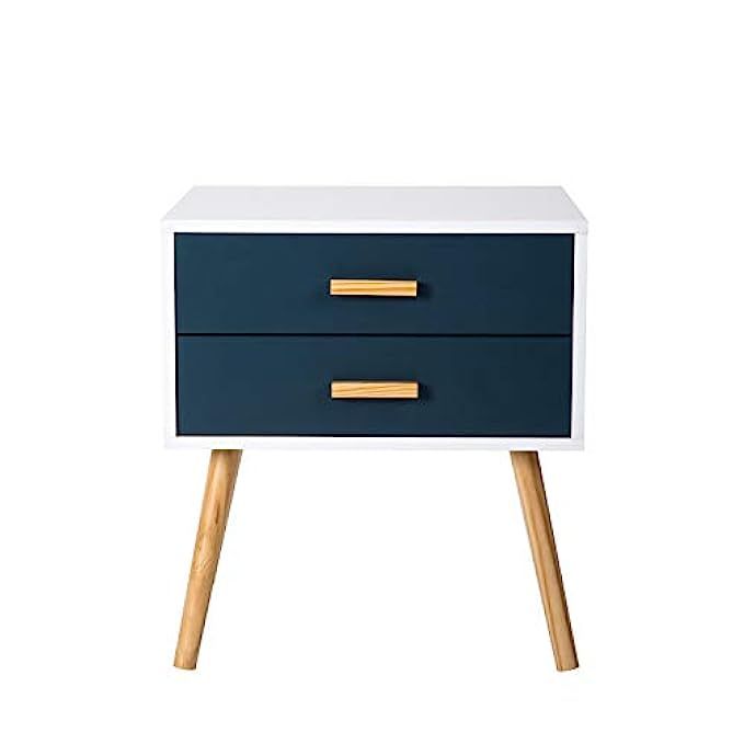 mid-century Side Table Nightstand with 2 Drawers Storage, White/navy | Amazon (US)