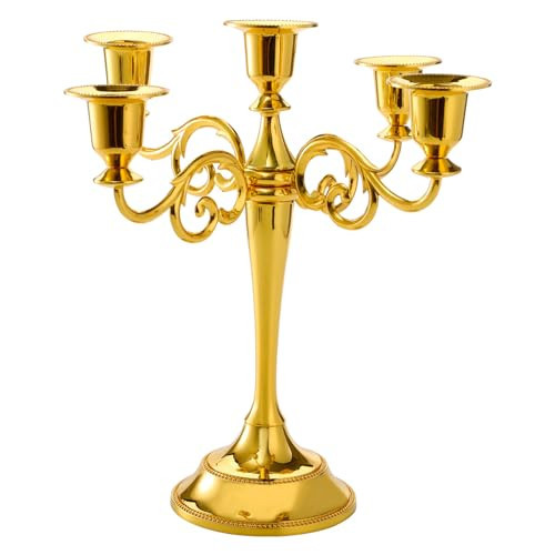 YOUEON Gold 5 Arms Candelabra, 10.4 Inch Metal Tall Candelabra Candle Holder Candlestick Holder for 1 Inch Diameter Pillar Candles, Taper Candle Holder, Candelabra Decoration, Wedding | Amazon (US)