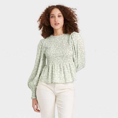 Women&#39;s Long Sleeve Smocked Top - A New Day&#8482; Green Floral Print M | Target