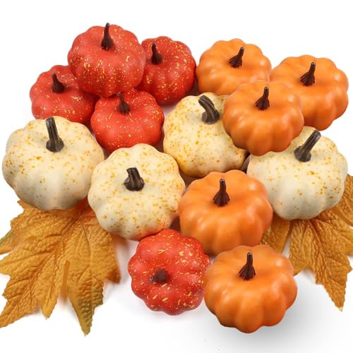 LZNPA 16PCS Artificial Mini Fake Pumpkins Set，Foam Plastic Pumpkins with Fall Leaves，Carvable DIY Small White Craft Pumpkins Decor for Thanksgiving Halloween Home Fall Porch Table Decor | Amazon (US)