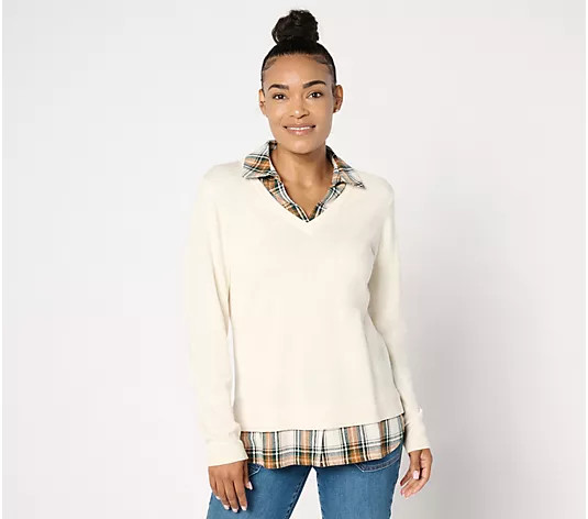 Make Your Selection: Joan Rivers V-Neck Mixed Media 2Fer Sweater w/ Tartan Flannel | QVC