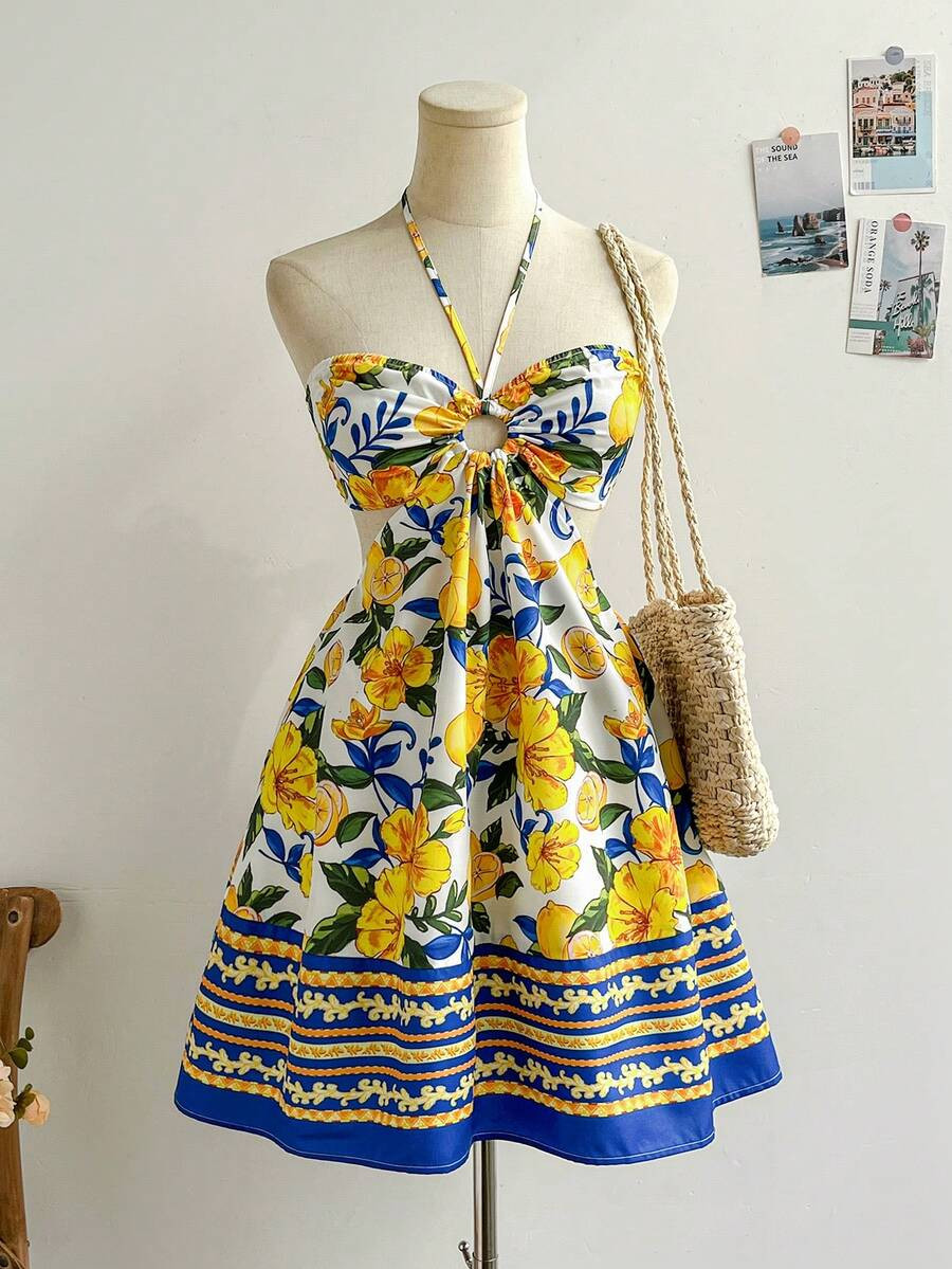 Soleia Blue & White Floral Print Drawstring Neck Hollow Out Waist Romantic Casual Vacation Dress ... | SHEIN