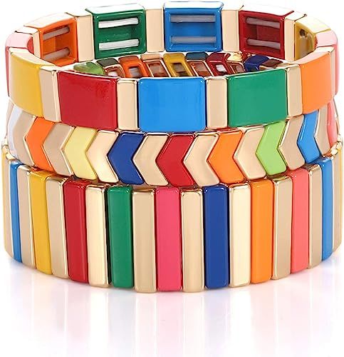 LENOOCLE Rainbow Enamel Tile Bracelet Colorful Enameled Beaded Stretch Bracelet Stackable Color-B... | Amazon (US)