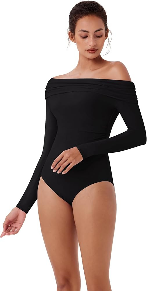 REORIA Single Off-Shoulder Bodysuit Double Layer Ruching Sexy Elegant Tops 2024 Fall/Winter Desig... | Amazon (US)