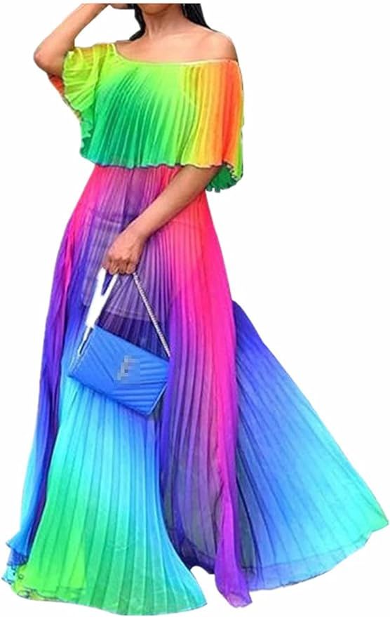 Aro Lora Womens Sexy Off Shoulder Ruffle Color Block Irregular Hem Boho Chiffon Maxi Dress | Amazon (US)