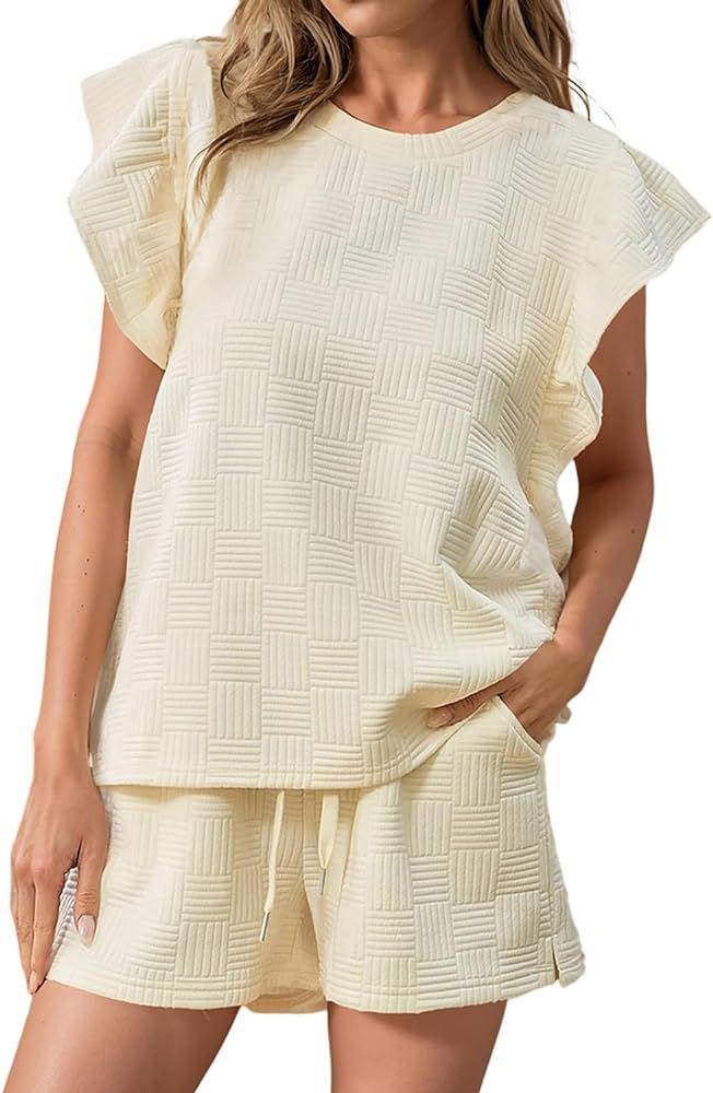 KevaMolly Womens Lounge Sets 2pcs Solid Textured Drawstring Shorts Set Short Sleeve Top and Short... | Amazon (US)