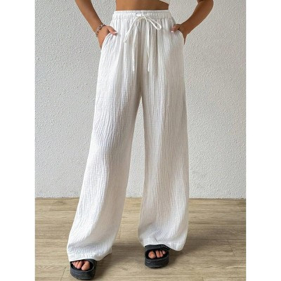 Womens Wide Leg Pants Elastic Waist Tie Front Casual Lounge Trousers White S | Target