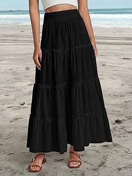 Women’s Summer Boho Maxi Skirts Smocked High Wasited Flowy Tiered Ruffle A Line Long Beach Skir... | Amazon (US)
