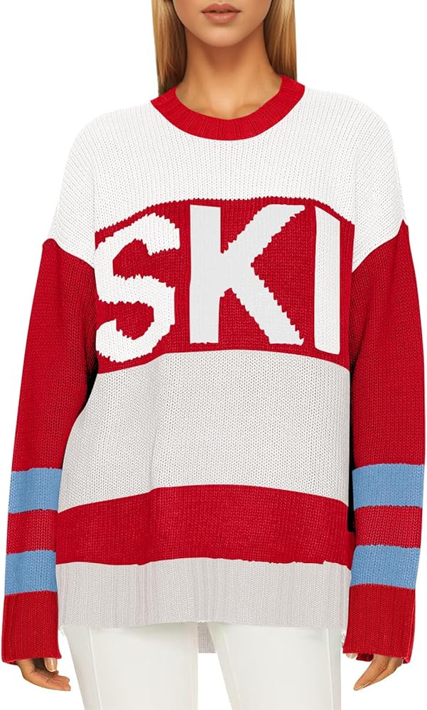 Saodimallsu Womens Color Block Oversized Sweater Ski Print Fall Trendy Crew Neck Long Sleeve Pull... | Amazon (US)