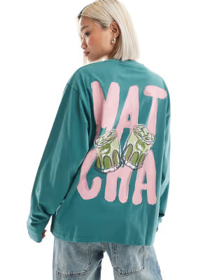ASOS DESIGN long sleeve skater tee with matcha graphic in green | ASOS (Global)