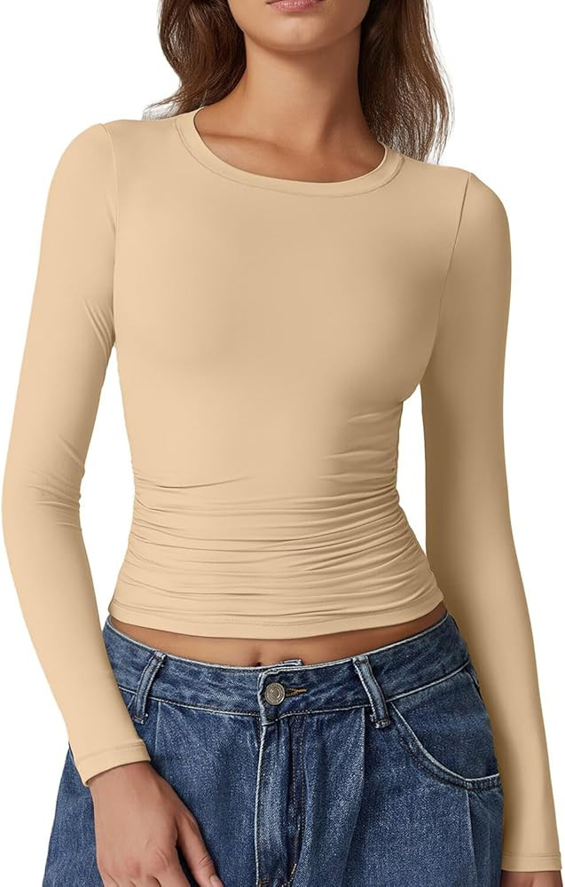 QINSEN Womens Crewneck Long Sleeve Shirt Double Lined Basic Tees Side Ruched Going Out Crop Tops | Amazon (US)