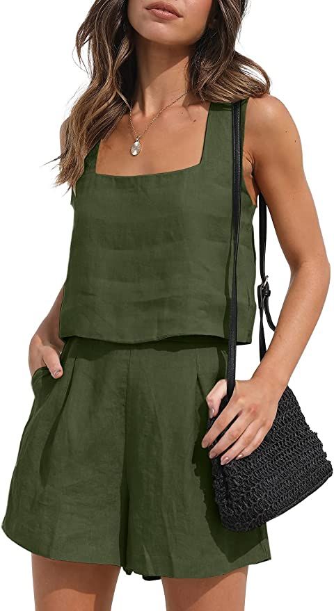 EFAN Women Two Piece Outfits Linen Matching Sets 2 Piece Lounge Shorts Crop Tank Tops 2023 Trendy... | Amazon (US)