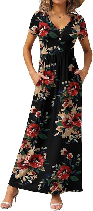 GRECERELLE Womens Summer Long Maxi Dresses 2026 Short Sleeve V Neck Casual Button Dress with Pock... | Amazon (US)