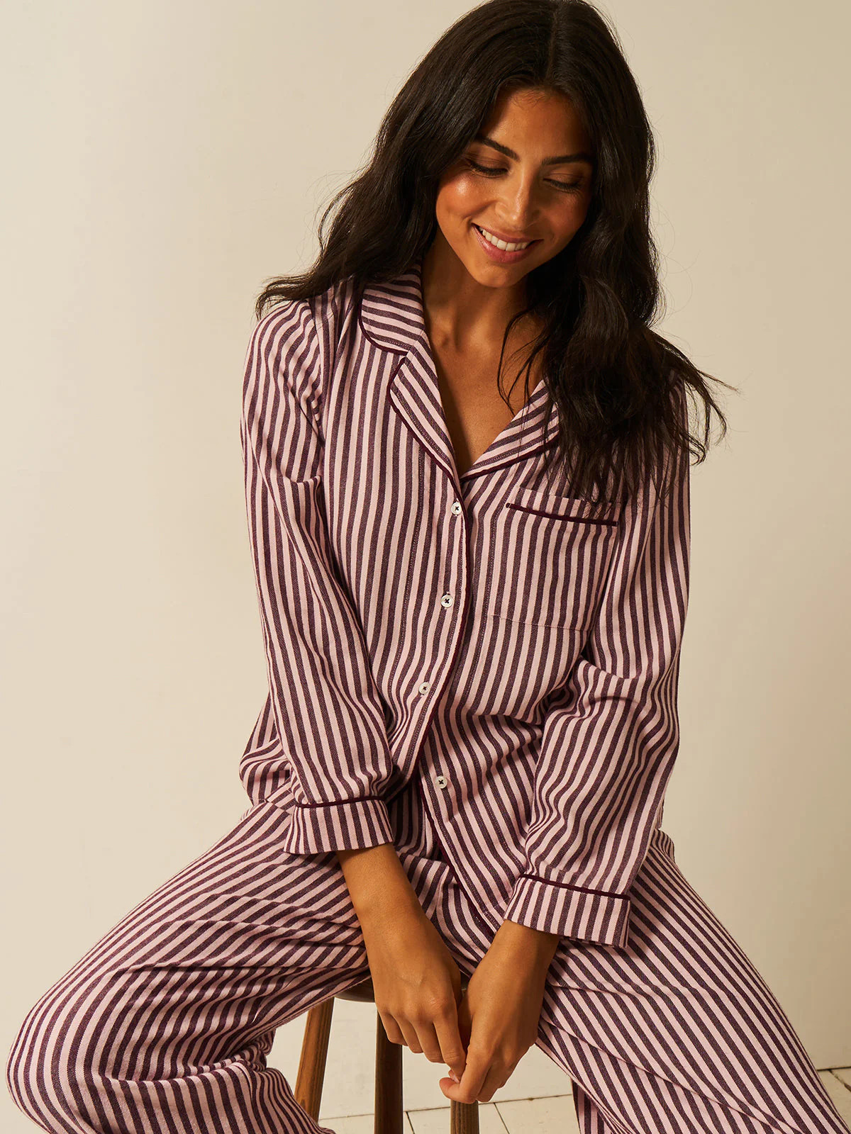 Soft Brushed Woven Pajama Bottoms - Noir Nights & Pink Stripe | ECOVERO | Stripe and Stare