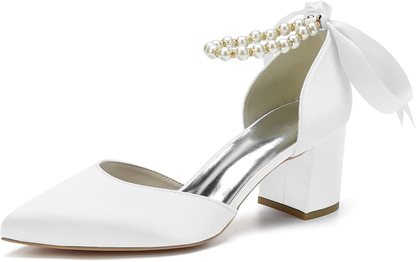 Women's Pointed Toe Pearl Wedding Shoes for Bride Low Heels Satin Heels with Bow Bridal Shoes Chu... | Amazon (US)