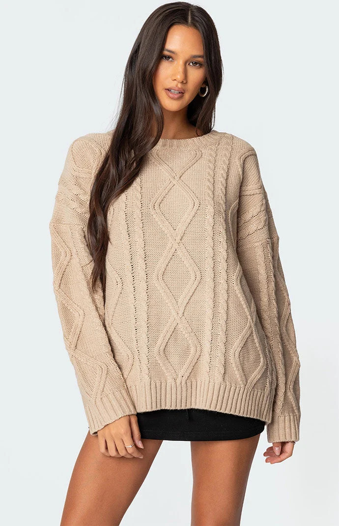 Edikted Women's Kennedy Oversized Cable Knit Sweater in Beige - Size XS/S | PacSun