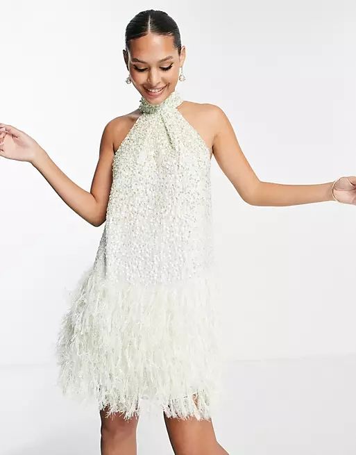 ASOS EDITION sequin halter mini dress with faux feather hem in sage green | ASOS | ASOS (Global)
