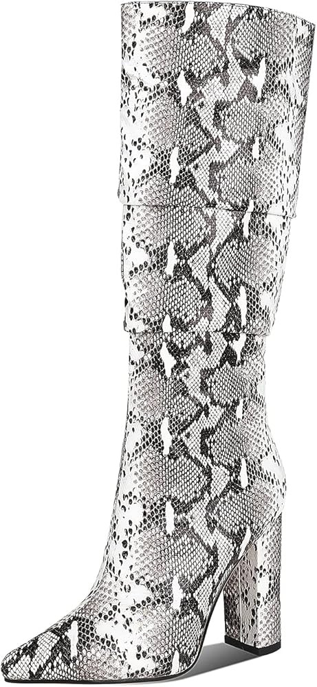 WETKISS Womens Knee High Colorful Snakeskin Boots Mid-Calf Snake Print Booties High Heels Pointed To | Amazon (US)