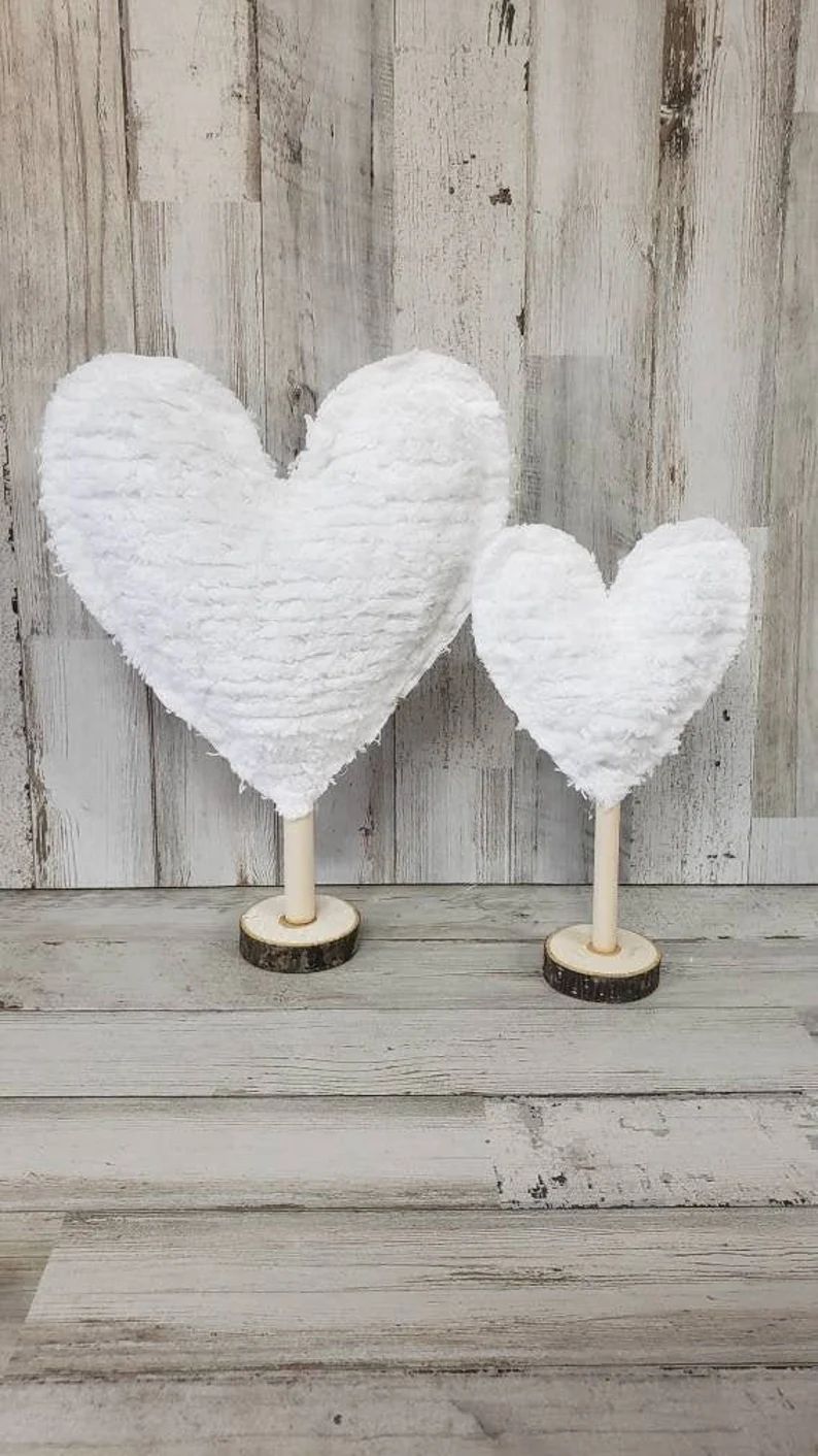 White Chenille Fabric Heart / Valentine Fabric Hearts / Valentine Mantel Decor / Rustic Valentine... | Etsy (US)