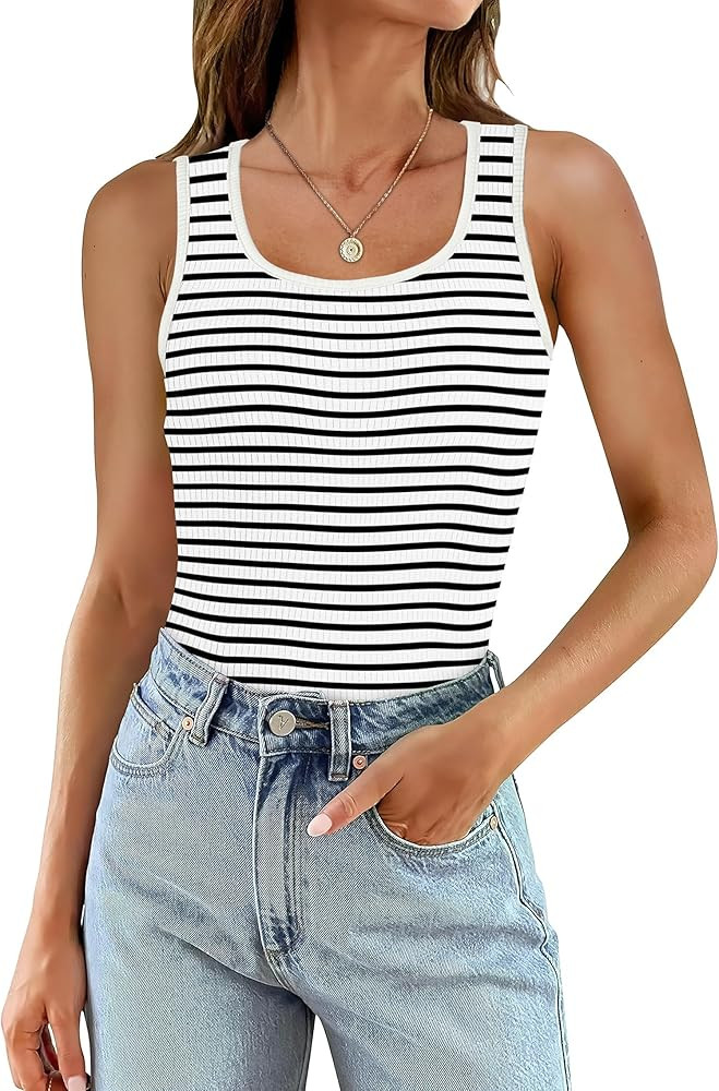 WIHOLL Womens Ribbed Tank Tops 2024 Summer Scoop Neck Slim Fitted Tops Casual Basic Knit Sleevele... | Amazon (US)