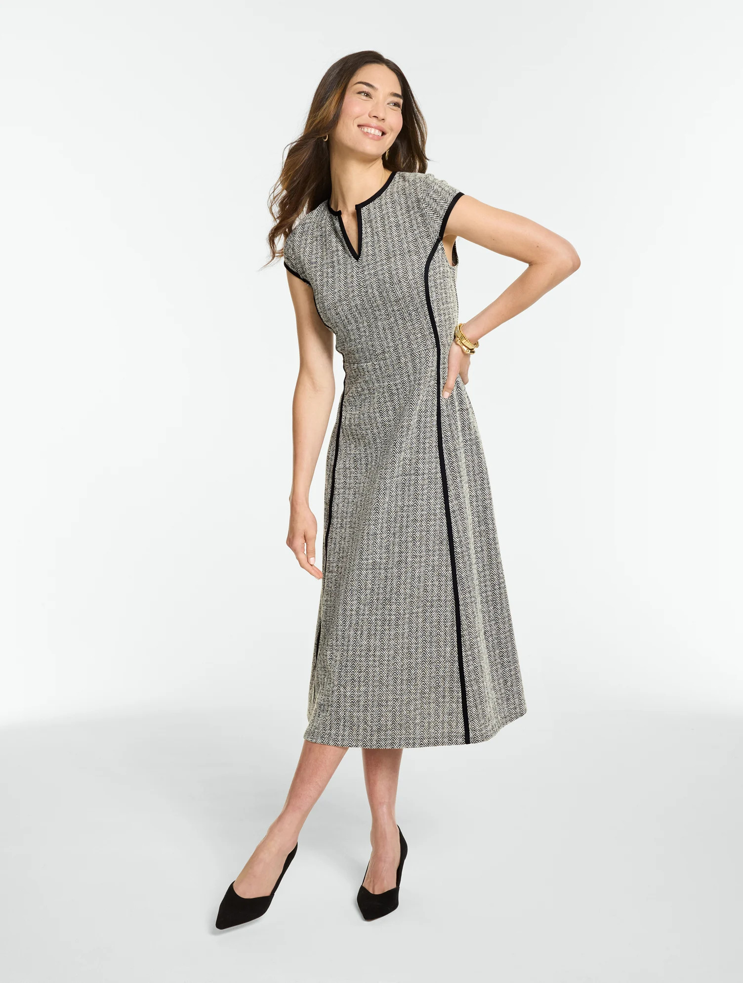 Petite - Herringbone Fit & Flare Midi Dress - Tipped - Black/Ivory - 4 Talbots | Talbots