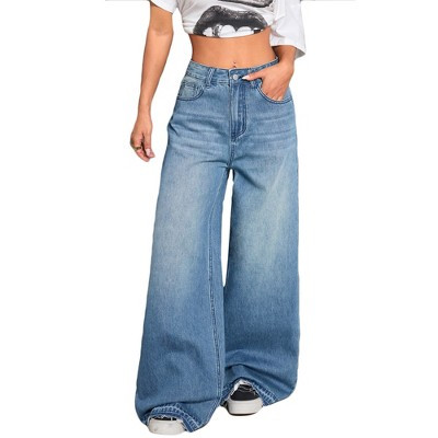 High-Waist Baggy Jeans - Light Wash Wide Leg Denim Pants for Women Blue L | Target