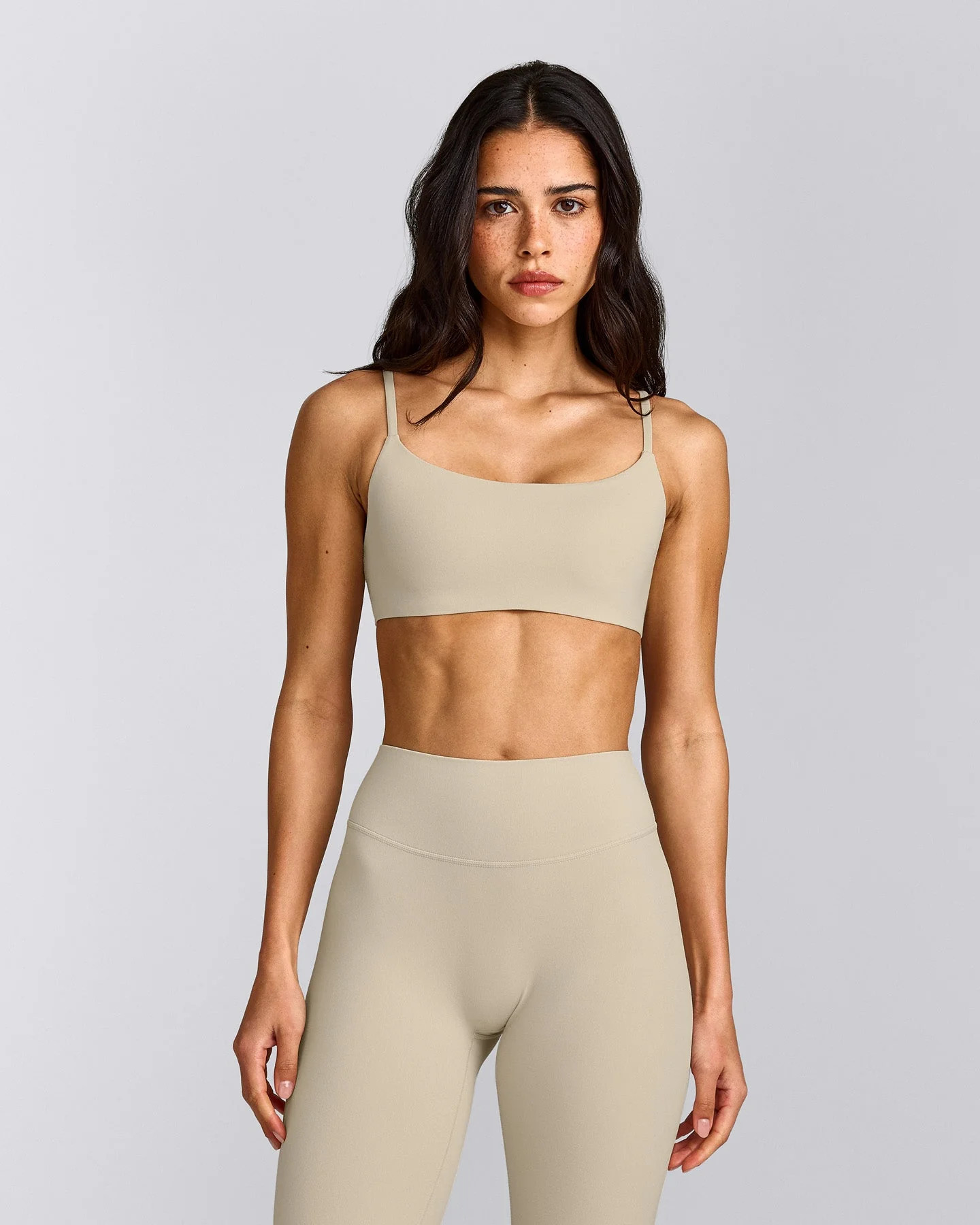 SoftMotion\u2122 Strappy Sports Bra with Grey Logo 
 Oatmeal | Oner Active (UK / US)