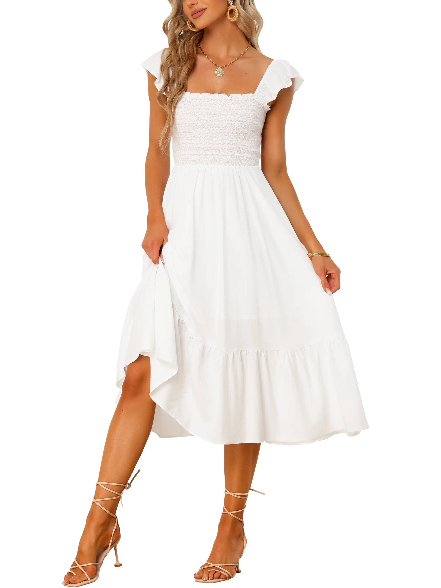 Allegra K Smocked Sundress for Women’s Causal Square Neck Boho Sleeveless Ruffle Tiered Midi Dr... | Walmart (US)