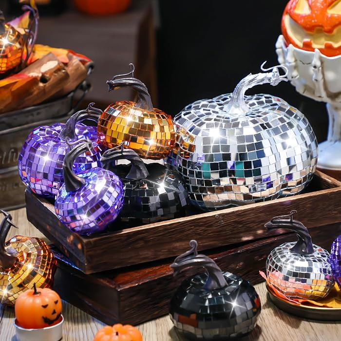 Lenwen 12 Pcs Artificial Disco Pumpkins, Orange, Sliver, Black, Purple | Amazon (US)