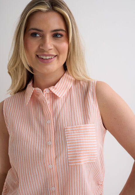 Womens Coral Stripe Crinkle Ruched Side Shirt | Peacocks