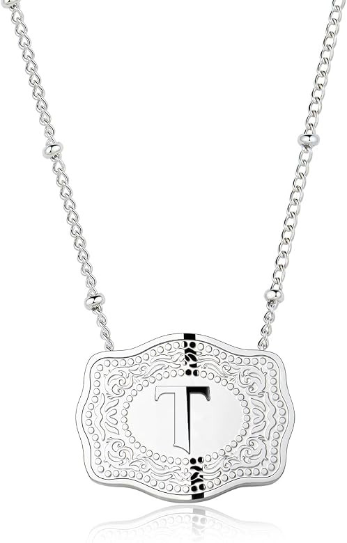 Rhodium-Plated Initial Letter Pendant Necklace with Embossed Belt Buckle, Free Chain Included, Pe... | Amazon (US)
