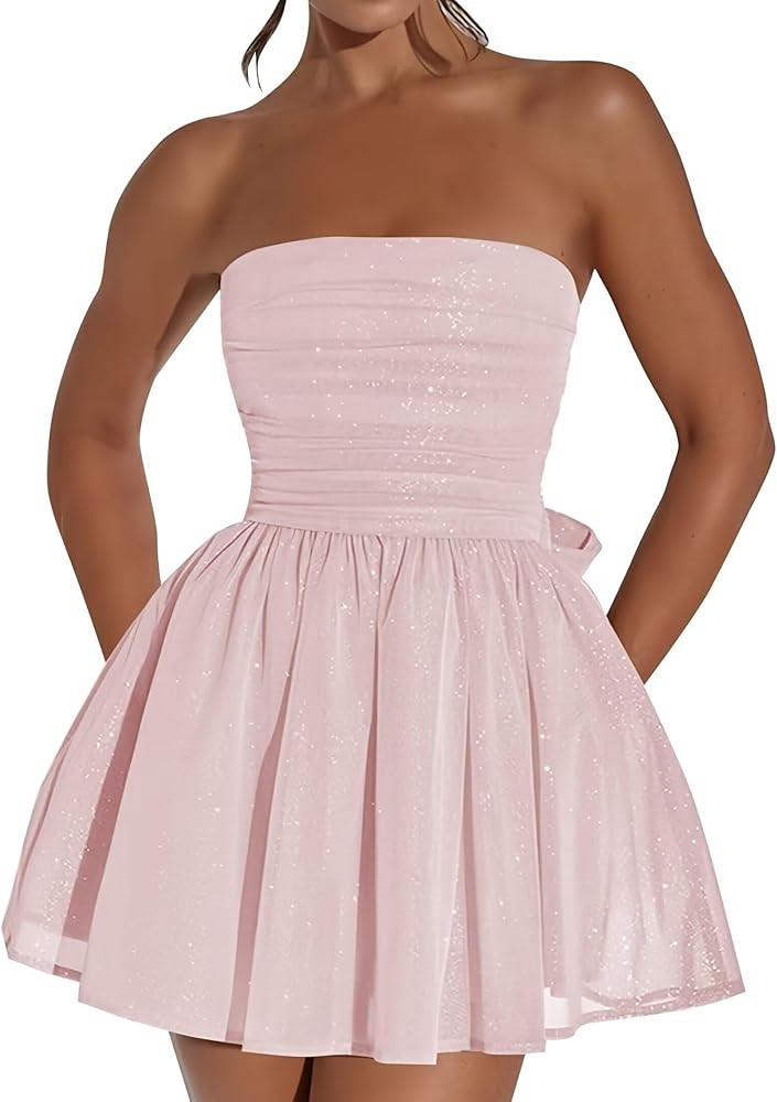 Glitter Short Tulle Homecoming Dresses for Teens Strapless Prom Dress Mini Cocktail Party Gowns w... | Amazon (US)