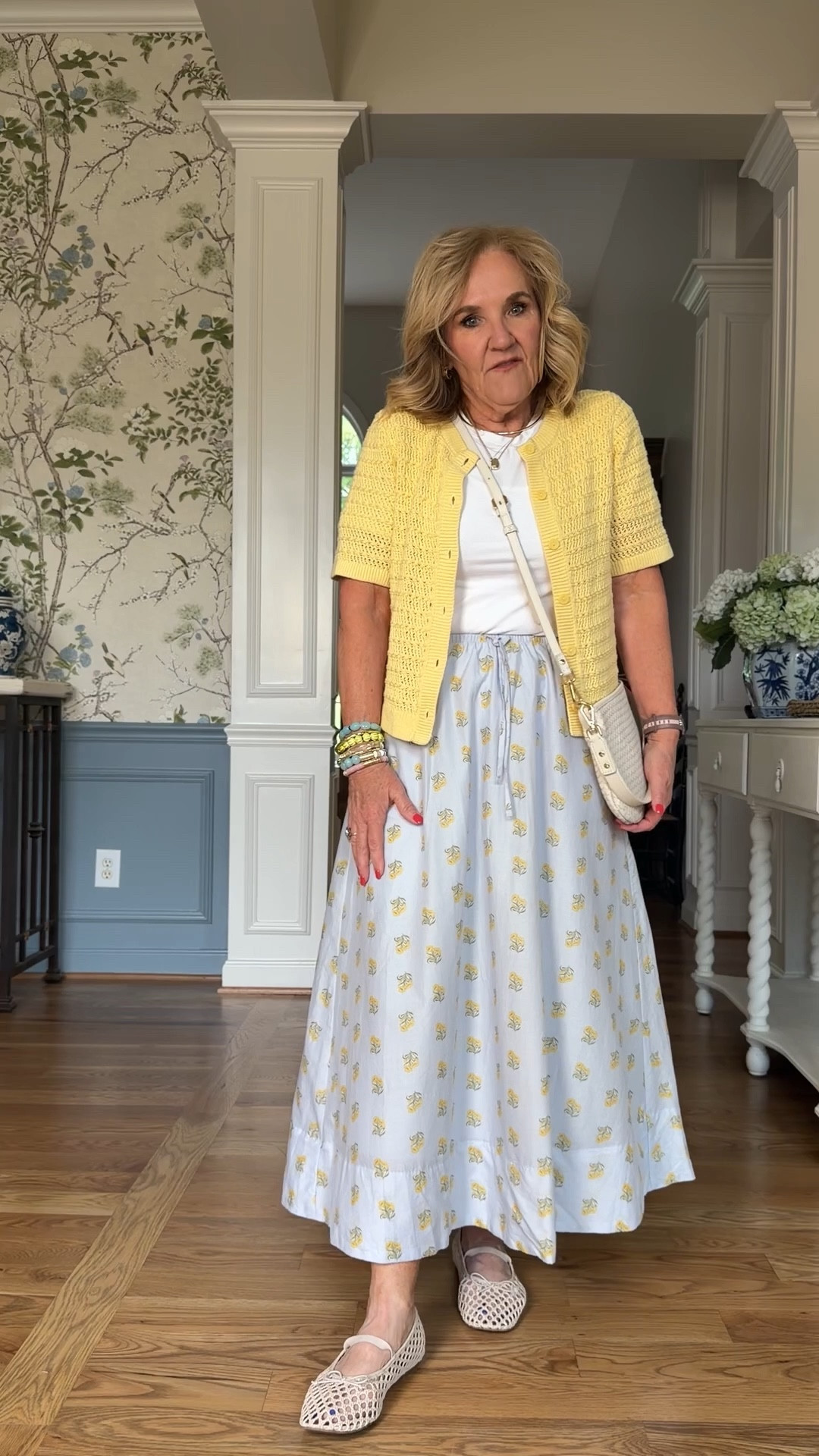 Target skirt size small 
Quince tee size large 
Yellow cardigan size medium (link is pictured as olive green) i’ve linked a couple of yellow cardigans as well if you need a larger size
20% off code NANETTE20 for my bracelet stack
Small crossbody


#LTKOver40 #LTKPetite #LTKootd