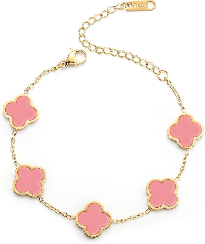 18K Gold Plated Clover Lucky Bracelet for Women White/Black/Red/Green Flower Four Leaf Link Brace... | Amazon (US)